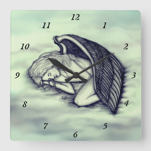 Relógio Quadrado Anjo dormindo no céu nuvens em verde (Frente)