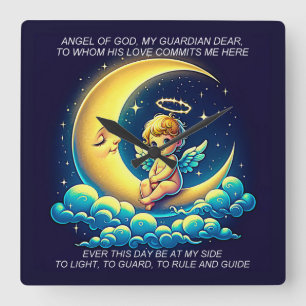 Relógio Quadrado Anjo Guardião Fofo Cherub e Lua Expressionista