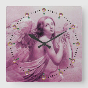 Relógio Quadrado ANJO que JOGA LYRA SOBRE o rosa das NUVENS