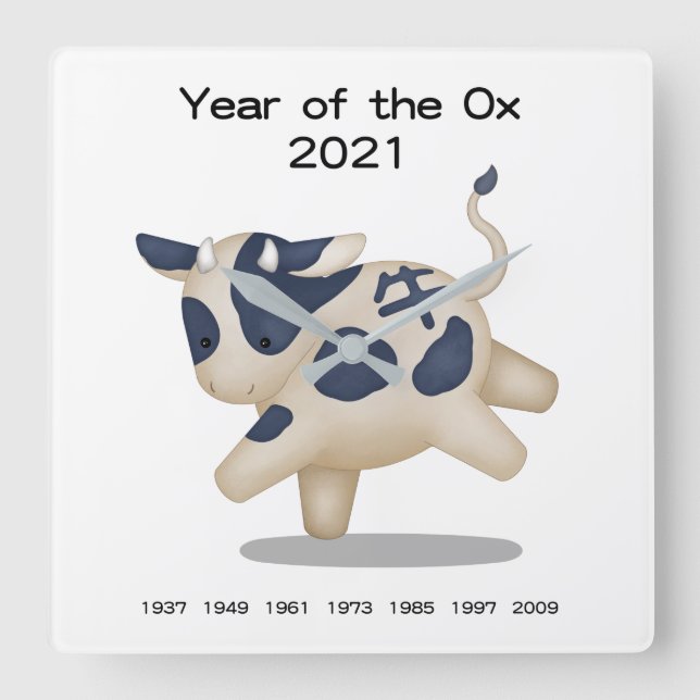 Relógio Quadrado Ano do Ox Cute Zodiac Animal 2021 (Frente)