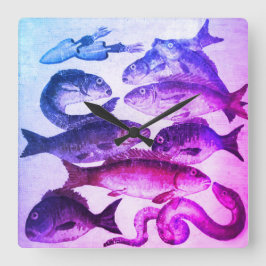 Relógio Quadrado ANTIGO MOSSAICO ROMANO, PESCA VIDA MARÍTIMA Cor-de