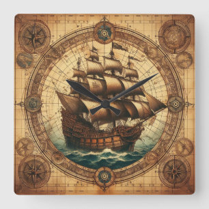 Relógio Quadrado Antigo navio pirata à vela 3