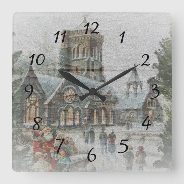 Relógio Quadrado Antigos Papais noeis com crianças em frente a uma  (Frente)