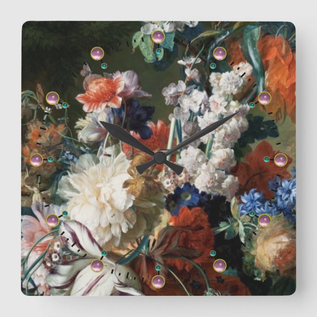 RELÓGIO QUADRADO ANTIQUE FLORAL,PINK RED ANEMONES WHITE FLOWERS (Frente)