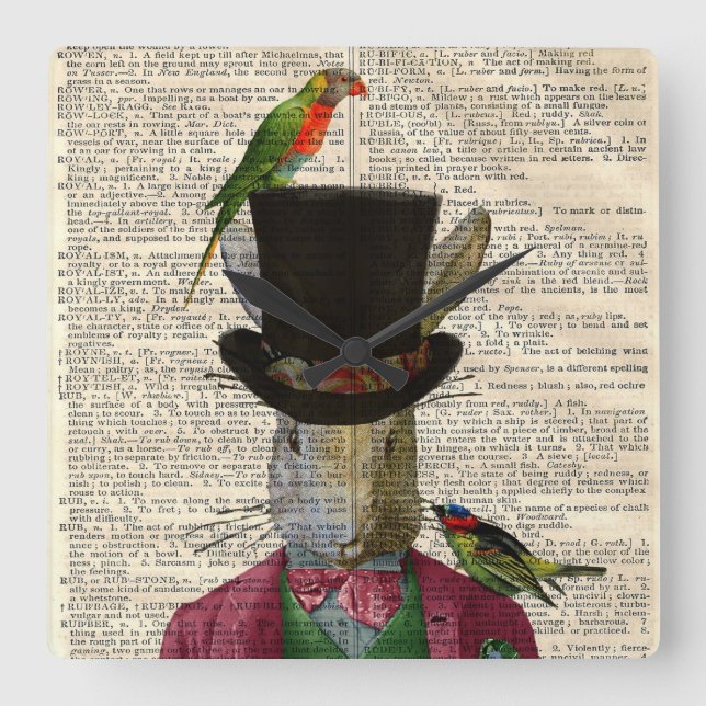 Relógio Quadrado Antique Rabbit Book Page Altered Wall Clock (Frente)