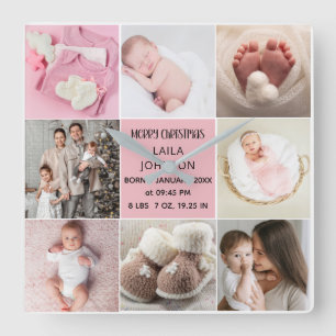 Relógio Quadrado Anúncio de Nascimento Personalizado 8 Fotos natal