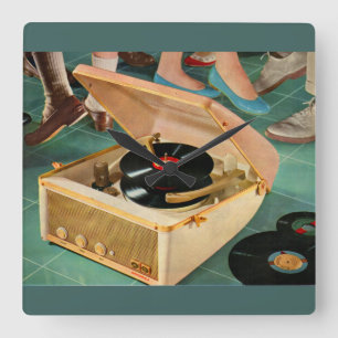 Relógio Quadrado anúncio de toca-discos portátil dos anos 1950