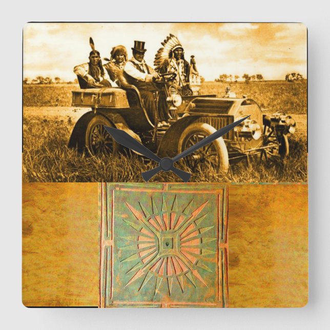RELÓGIO QUADRADO APACHES E GERONIMO CONDUZINDO UM CARRO A MOTOR (Frente)