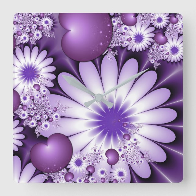 Relógio Quadrado Apaixonando Flores de Abstrato e Corações Fractais (Frente)