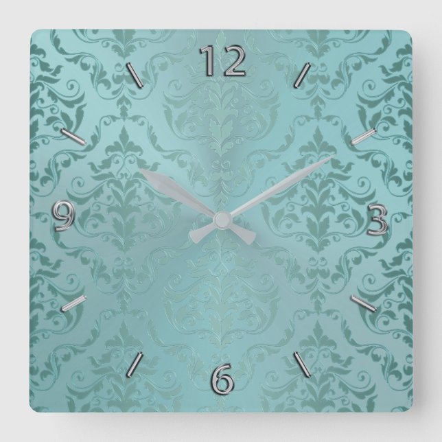 Relógio Quadrado Aqua Antiguidade Vintage Damask Wall Clock (Frente)
