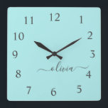Relógio Quadrado Aqua Blue Teal Script Monograma Girls<br><div class="desc">Relógio de Nome do Monograma do Script Teal Azul Aqua. Isto faz o doce e perfeito aniversário de 16 anos,  casamento,  chá de panela,  aniversário,  chá de fraldas ou festa de solteira presente para alguém que ama luxo de luxo e estilos quíticos.</div>