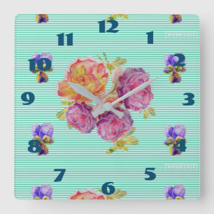 Relógio Quadrado Aqua Rosas Rosa Floral Sala Turquesa Shabby Chic