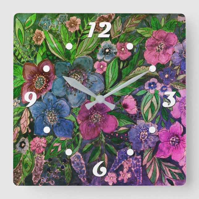 Relógio Quadrado aquarela, azul e púrpura, anêmonas (Frente)