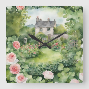 Relógio Quadrado Aquarela Estética Cottage Irlandês Rosa