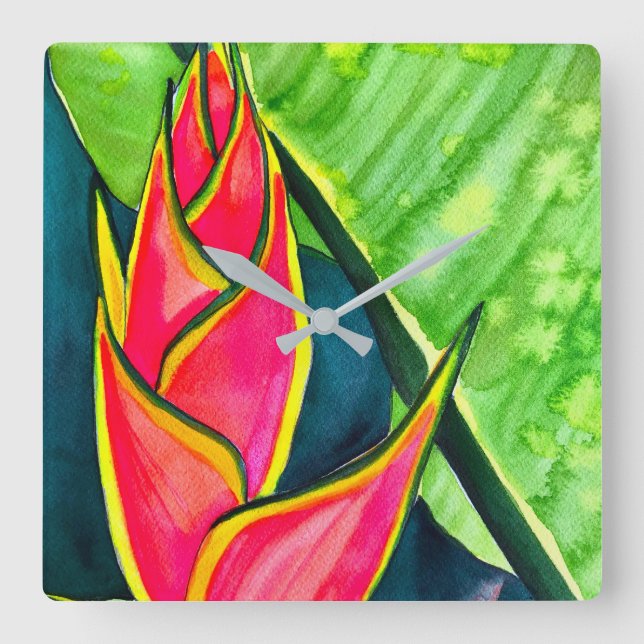 Relógio Quadrado Aquarela heliconia flor tropical (Frente)