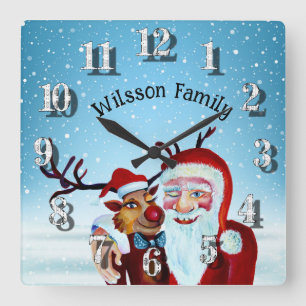 Relógio Quadrado Aquarela Magical Santa Claus Sorrindo Rudolph