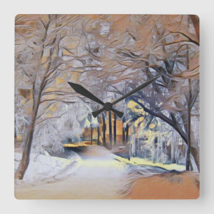 Relógio Quadrado Aquarela moderna de árvores nevadas coloridas