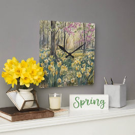 Relógio Quadrado Aquarela Narcisos Floridos da Floresta