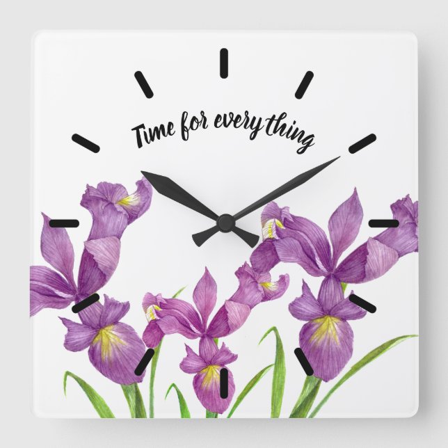 Relógio Quadrado Aquarela Púrpura Íris Arte Botânica (Frente)