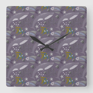 Relógio Quadrado Aquatic animals pattern   ocean underwater life 24