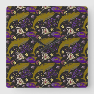 Relógio Quadrado Aquatic animals pattern   ocean underwater life 25