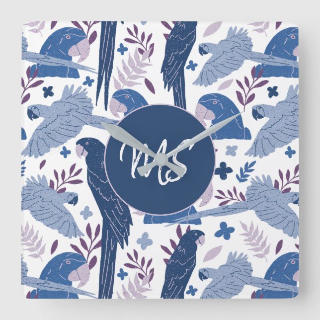 Relógio Quadrado Ara Parrot Blue Tropical Leave Pattern Monogram  (Frente)