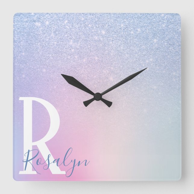 Relógio Quadrado Arco-íris azul-na moda, legante (Frente)