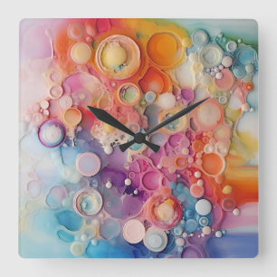 Relógio Quadrado Arco-Íris Células Líquidas Pó Arte Design Abstrato