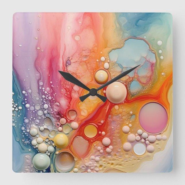 Relógio Quadrado Arco-Íris Células Líquidas Pó Arte Design Abstrato (Frente)