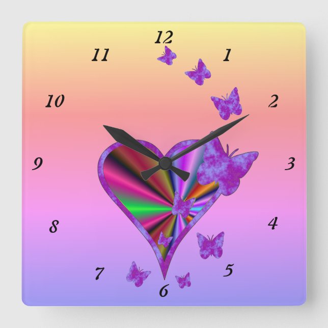 Relógio Quadrado Arco-Íris Coração e Borboleta (Frente)