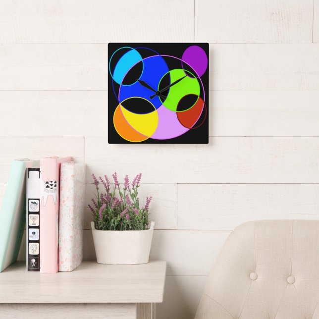 Relógio Quadrado Arco-íris cores círculos design (Sala de leitura)