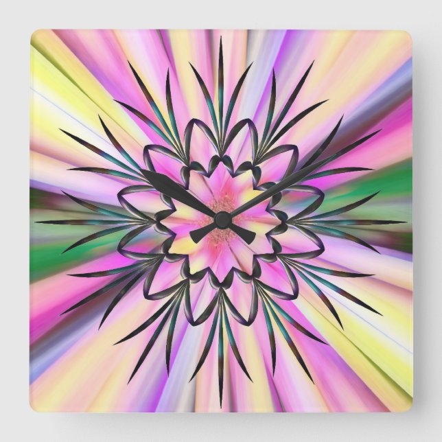 Relógio Quadrado Arco-íris e ferro em formas brutas (Frente)