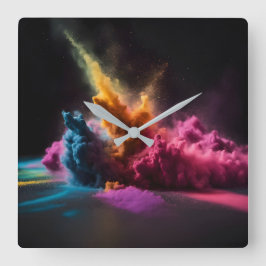 Relógio Quadrado Arco-Íris Explosão em Pó Preto