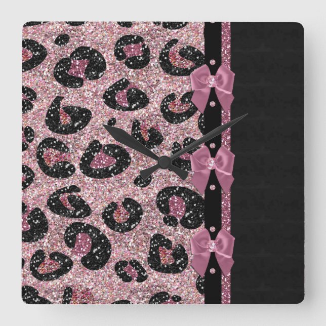 Relógio Quadrado ARCOS de Fita de Impressão de Leopardo Rosa-Rockab (Frente)