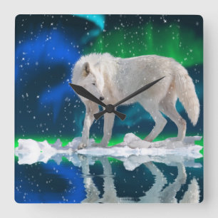 Relógio Quadrado Arctic Wolf, Snow & Aurora Wildlife Art Clock