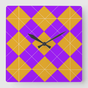 Relógio Quadrado Argyle roxo e laranja