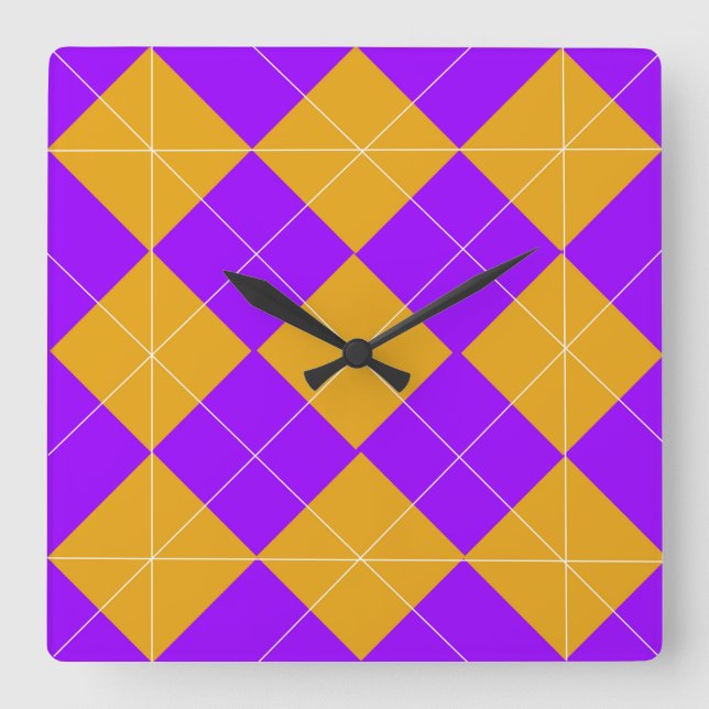 Relógio Quadrado Argyle roxo e laranja (Frente)