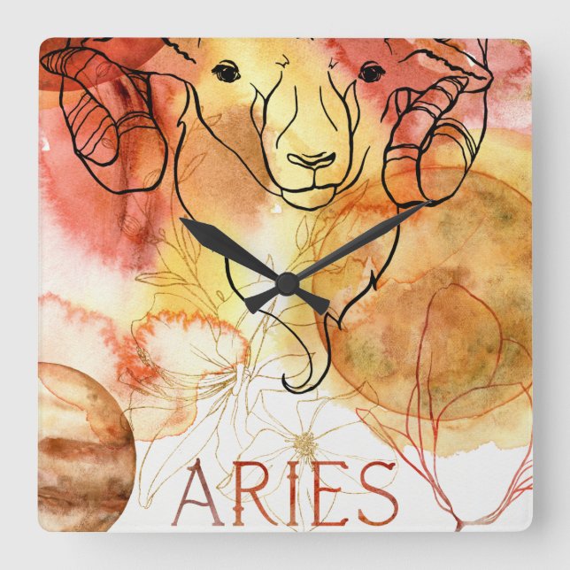 Relógio Quadrado Aries ram zodiac astrology birthday gold red (Frente)