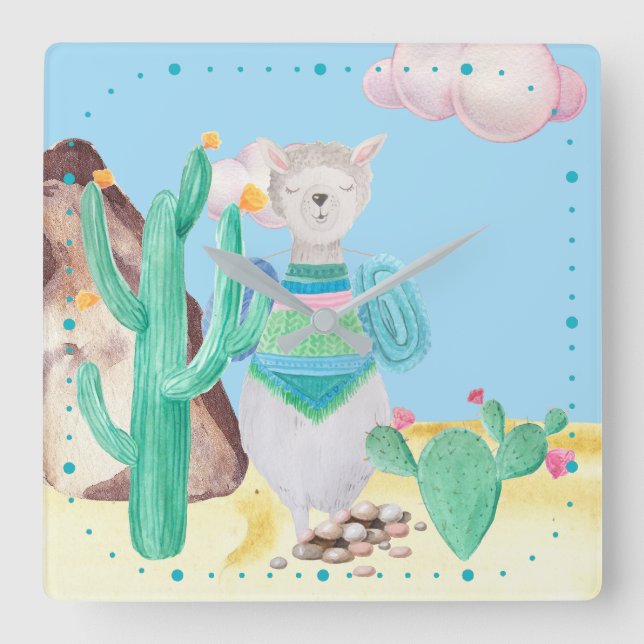 Relógio Quadrado Arizona Deserto LIama Cactus Flores Natureza (Frente)