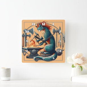 Relógio Quadrado Armas forjadoras de Gatos em uma bigorna medieval