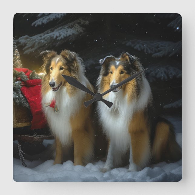 Relógio Quadrado Arranjo de Natal de Collie Snowy Sleigh (Frente)
