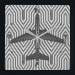 Relógio Quadrado Art Deco Airplane, Graphite and Silver Gray<br><div class="desc">Clock as an Art Deco inspired concept of a futuristic plane,  in a striped,  silky gradient of silver to deep graphite gray / grey,  against  a light and deep silver gray,  Deco background</div>