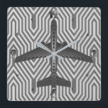 Relógio Quadrado Art Deco Airplane, Graphite and Silver Gray<br><div class="desc">Clock as an Art Deco inspired concept of a futuristic plane,  in a striped,  silky gradient of silver to deep graphite gray / grey,  against  a light and deep silver gray,  Deco background</div>