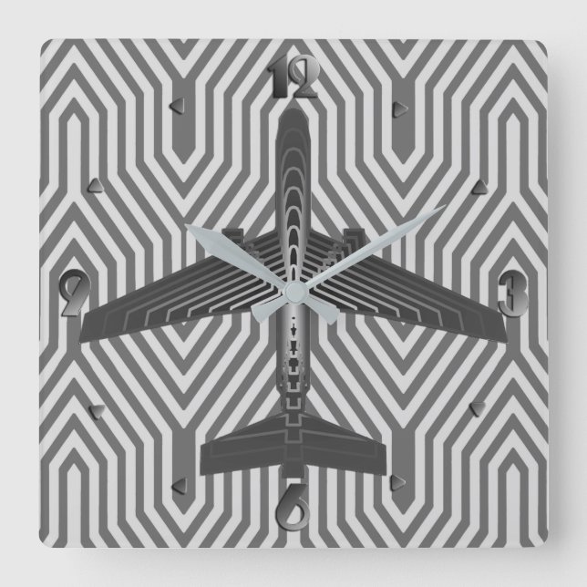 Relógio Quadrado Art Deco Airplane, Graphite and Silver Gray (Frente)
