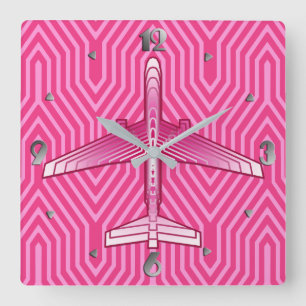Relógio Quadrado Art Deco Avião, Fuchsia e Pastel Rosa