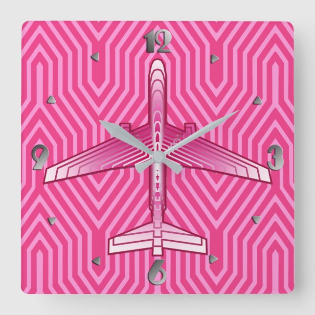 Relógio Quadrado Art Deco Avião, Fuchsia e Pastel Rosa (Frente)