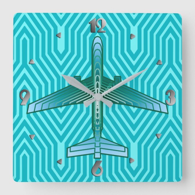 Relógio Quadrado Art Deco Avião, Turquesa, Teal e Aqua (Frente)