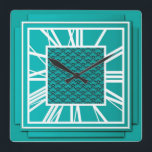 Relógio Quadrado Art Deco, azul teal<br><div class="desc">Art Deco, azul lacrimogêneo, relógio de efeito 3d com números brancos - gráficos digitais</div>