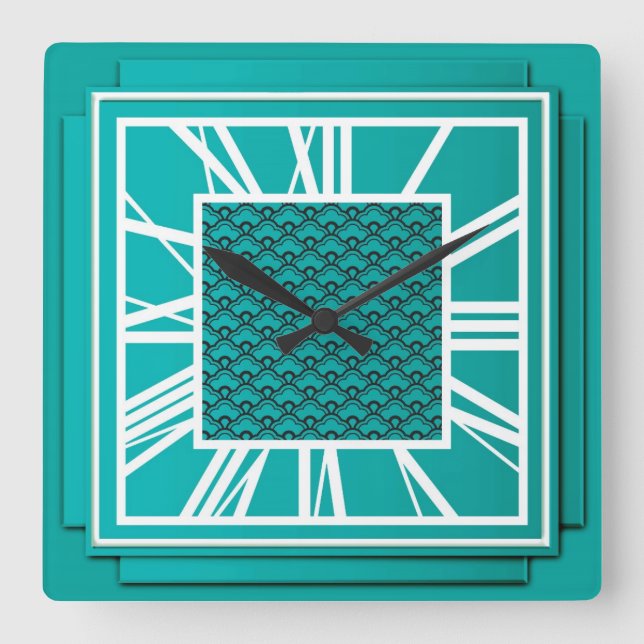 Relógio Quadrado Art Deco, azul teal (Frente)