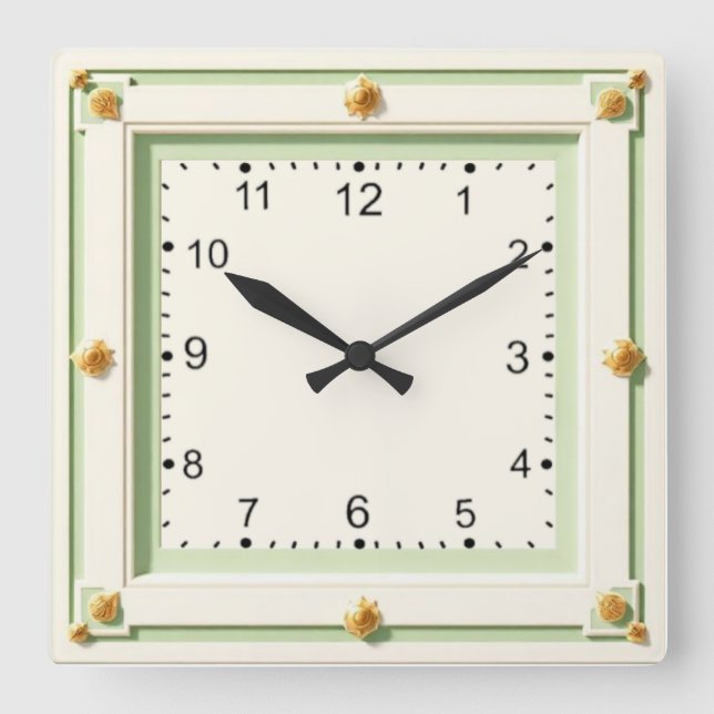 Relógio Quadrado Art Deco Branco e Verde-Menta (Frente)